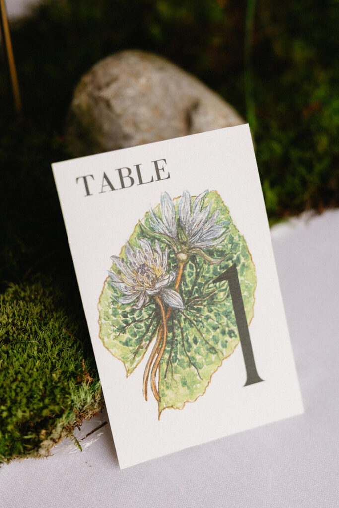 Hand painted botanical wedding table number card designed by the bride Crystal for her Villa Cimbrone wedding in Ravello Italy