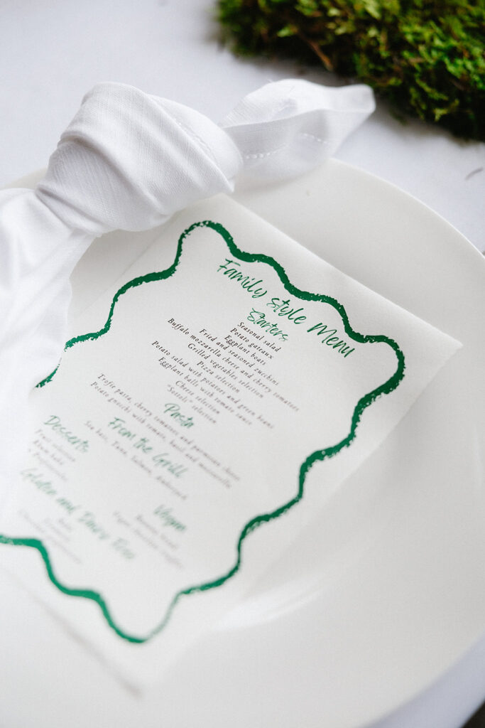 Hand painted family style dinner menu card with green scalloped border designed by the bride Crystal for her Villa Cimbrone wedding reception